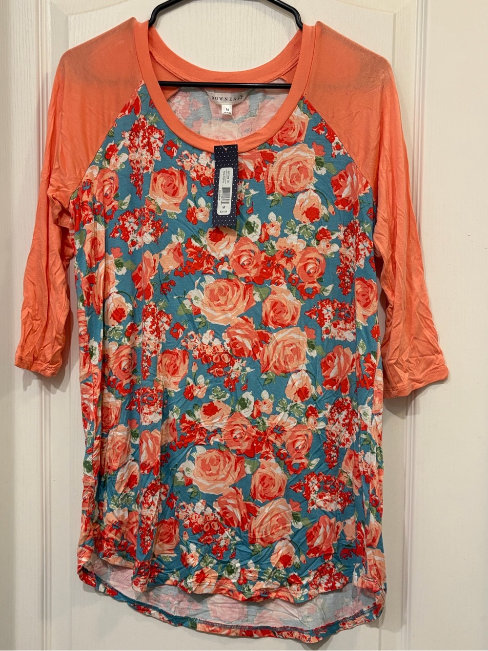 Downeast Floral Raglan Top in Coral and Teal